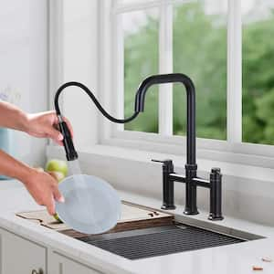 Brass Double Handle Bridge Kitchen Faucet with Pull Down Sprayer and Supply Lines in Oil Rubbed Bronze