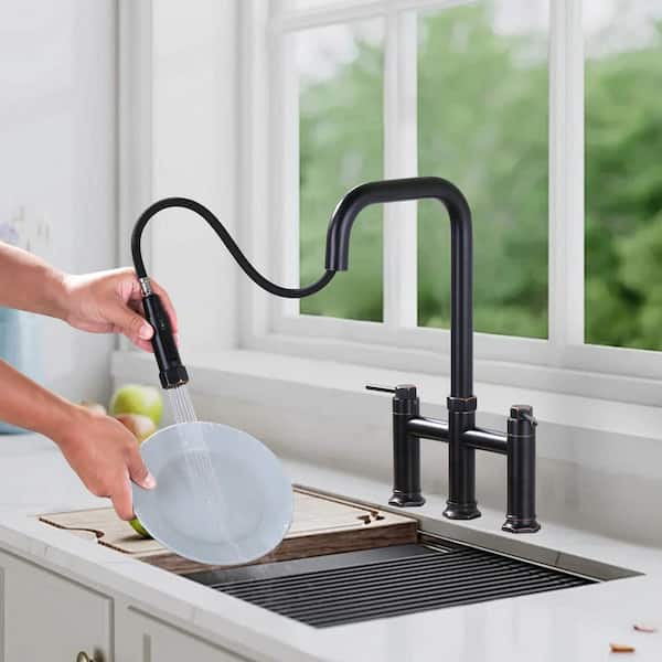 3-Hole Double Handle Brass Bridge Kitchen Faucet with 2-Mode Pull Down Sprayer and Supply Lines in Oil Rubbed Bronze