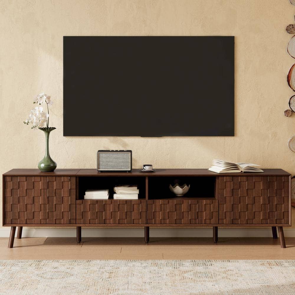 78.7 in. Walnut Modern TV Stand with Square Textured Panels, Push Openers and Wood Legs (Max TV Size 85 in.)