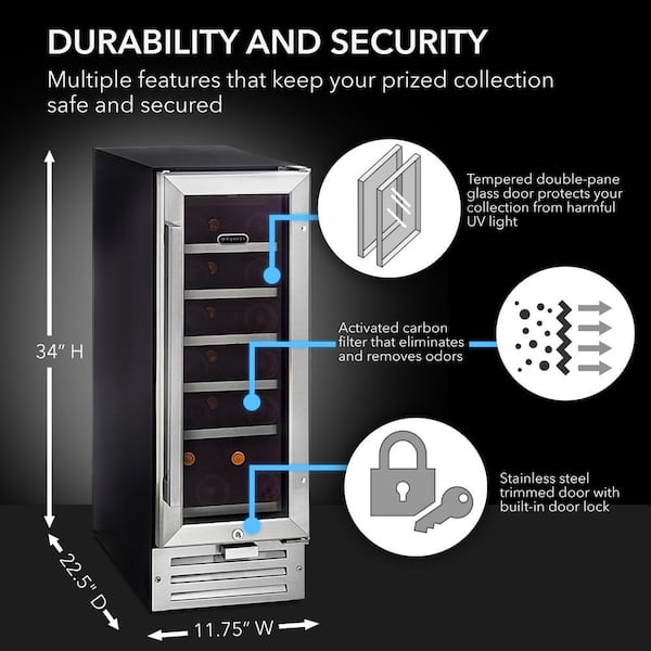 12 in. Single Zone 18 Bottles Undercounter Built-In Wine Cooler Refrigerator w/ Lock Stainless Steel LED
