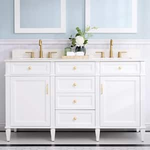 60 in. W x 22 in. D x 35 in. H Solid Wood Freestanding Bath Vanity in White with Carrera White Quartz Top