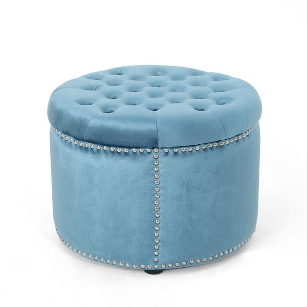 Noble House Tiernan Glam Round Tufted Aqua Velvet Ottoman with Stud Accents