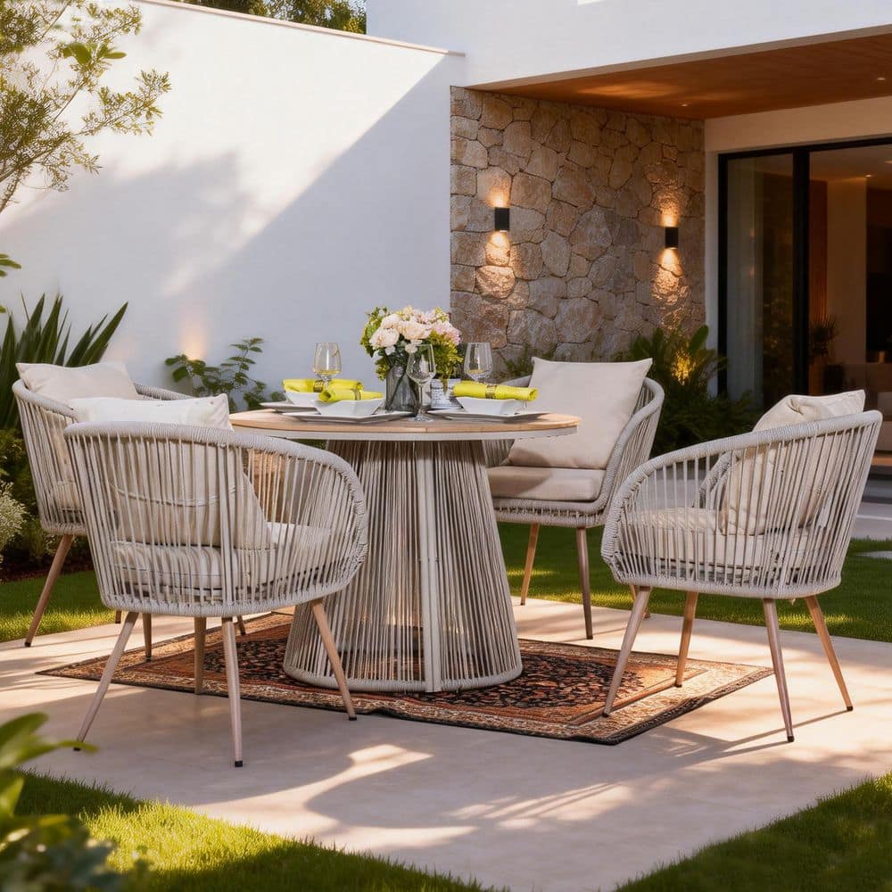 moda furnishings Beige 5-Piece Wicker Outdoor Dining Set with Beige ...