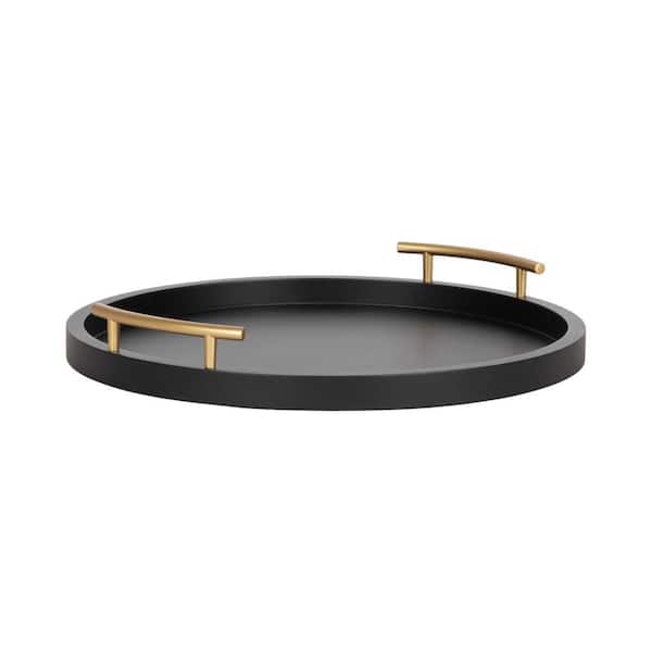 Halsey Black/Gold Round Wood 16 in. Decorative Tray