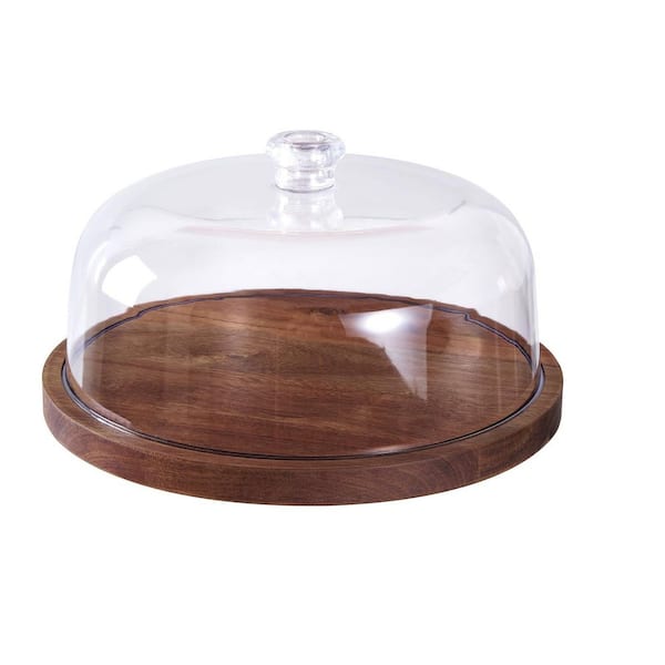 1-Tier 12 in. Acacia Wood Cake Stand with Lid, 2-in-1 Dessert Table Display Set and Charcuterie Board, Brown