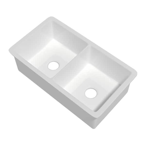 32 in. Undermount Kitchen Sink Double Bowl White Fireclay Kitchen Sink Drop In Sink with Strainer and Bottom Grids