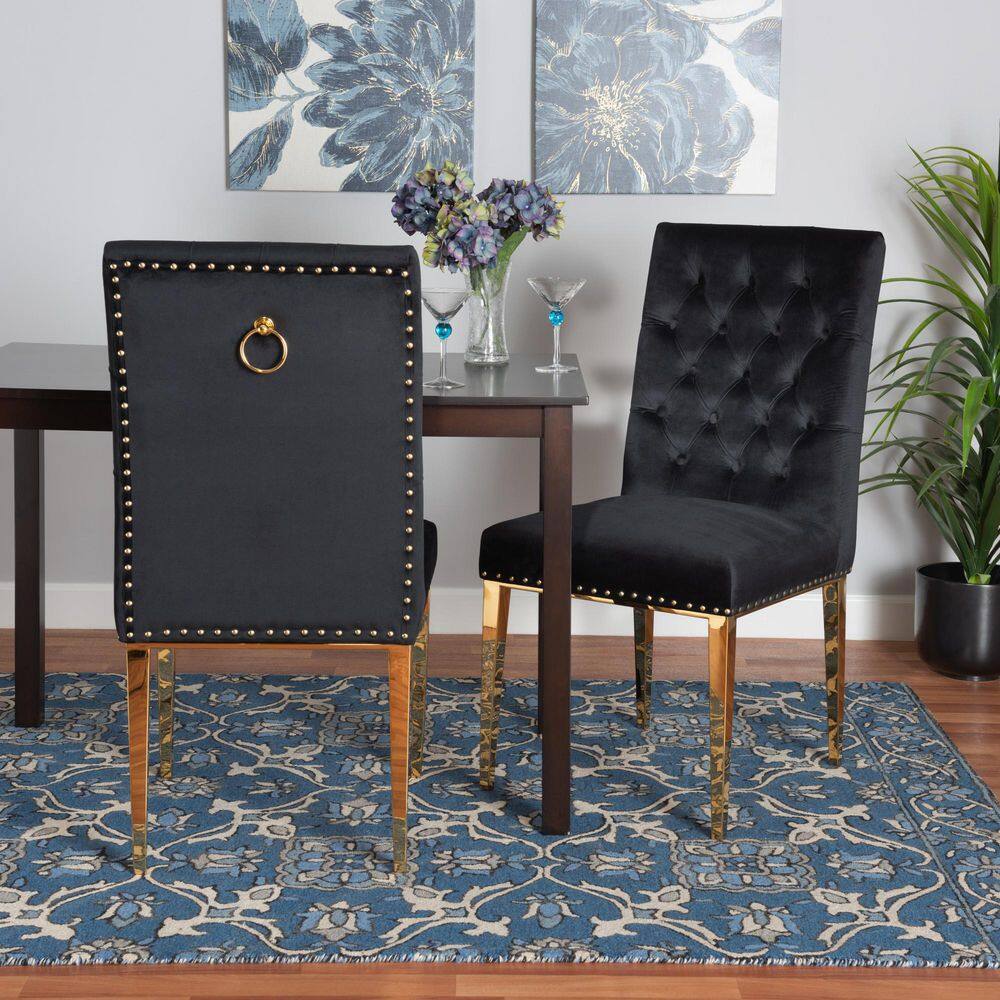 Black Velvet and Gold Upholstered Dining Side Chair Set