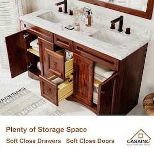 60 in. W x 22 in. D x 35.4 in. H Freestanding Double Sink Bath Vanity in Traditional Brown with Carrara Top and Mirror