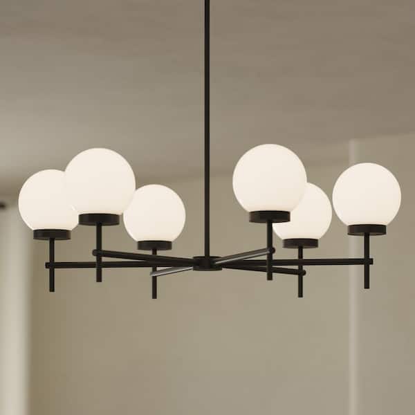 Rigsby 60-Watt 6-Light Matte Black Transitional Medium Chandelier with Opal Glass Shades