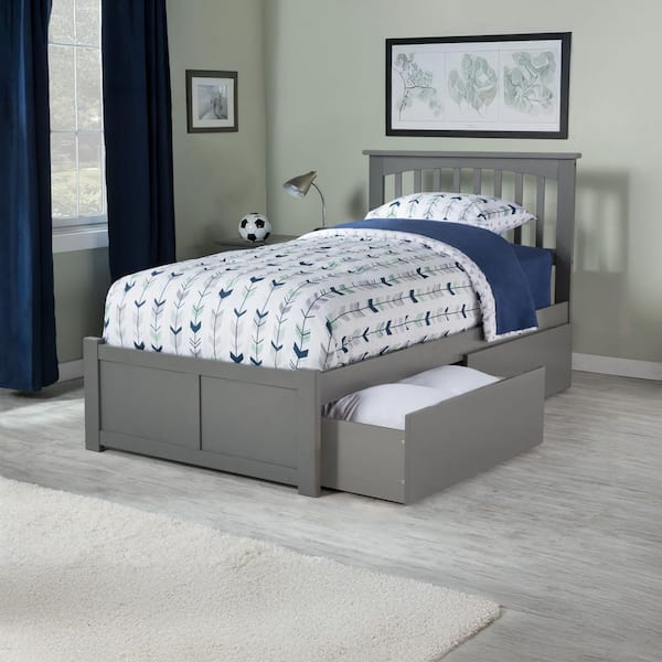AFI Mission Grey Twin XL Solid Wood Storage Platform Bed with Flat Panel Foot Board and 2 Bed Drawers