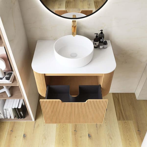 Yingze 30 in. Wall Mounted Single Sink Natural Wood Bath Vanity