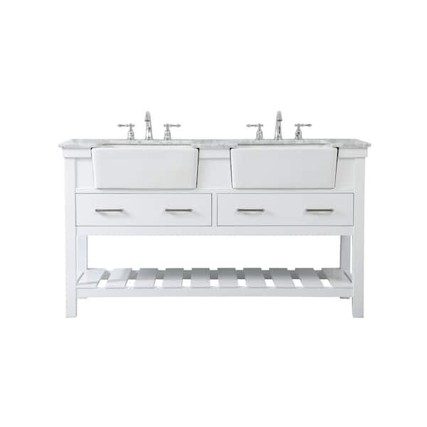 Unbranded Simply Living 60 in. W x 22 in. D x 34.125 in. H Bath Vanity in White with Carrara White Marble Top