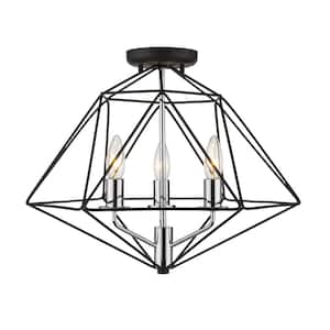 Geo 18 in. 3-Light Matte Black and Chrome Semi Flush Mount with Matte Black Steel Shade