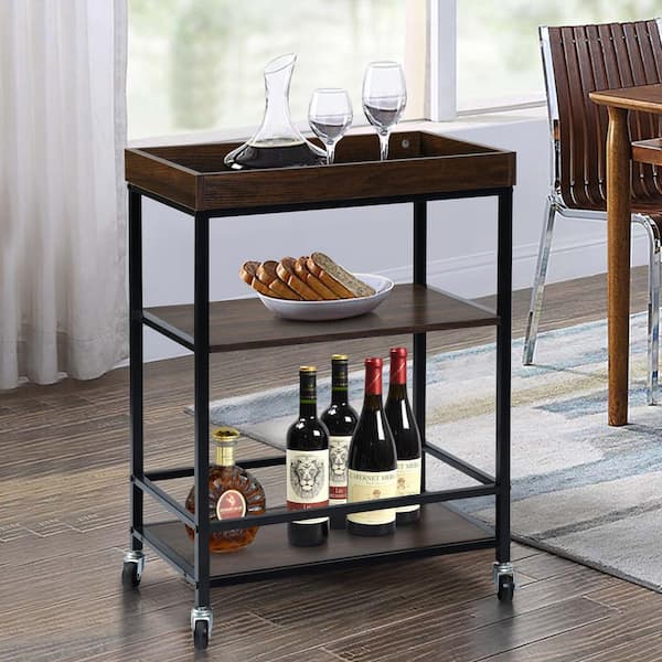 Homy Casa Uhtric Dark Brown 3-Tier Rolling Serving Kitchen Trolley