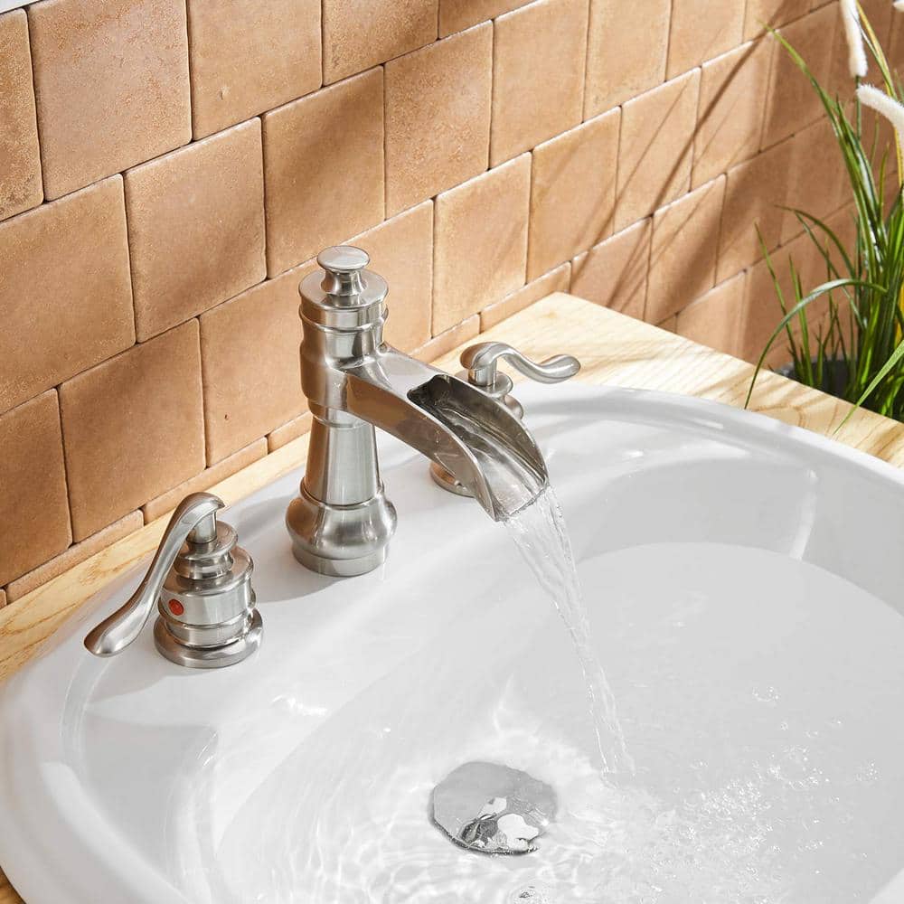 Brushed Nickel 8-Inch Widespread Waterfall Bathroom Faucet