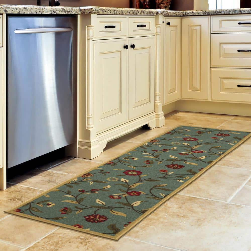 Seafoam Green Floral Non-Slip Runner Rug with Rubber Backing