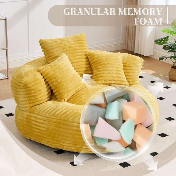 42.5 in. Mustard Yellow Oversized Corduroy Bean Bag Chair for Adults Kids with Armrests and 3 Pillows Foam Filled Sofa