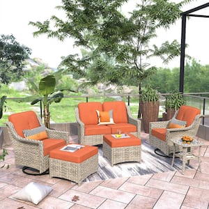 Palffy Gray 6-Piece Wicker Patio Conversation Seating Set with Bold-stripe Orange Red Cushions and Swivel Rocking Chairs