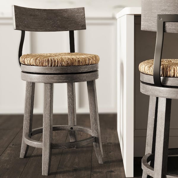 Farmhouse 26in. Wood Counter-Height Bar Stool with Natural Seagrass Seat, Reclaimed Gray