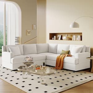 87.8 in. Square Arm Polyester Upholstered Modular Sectional Sofa in White with 2 Tossing Pillows