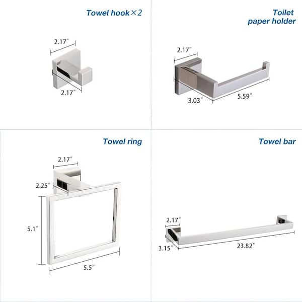 5-Piece Bathroom Towel Rack Set: Towel Bar + Ring + Hooks + TP Holder, Brushed Finish in Silver