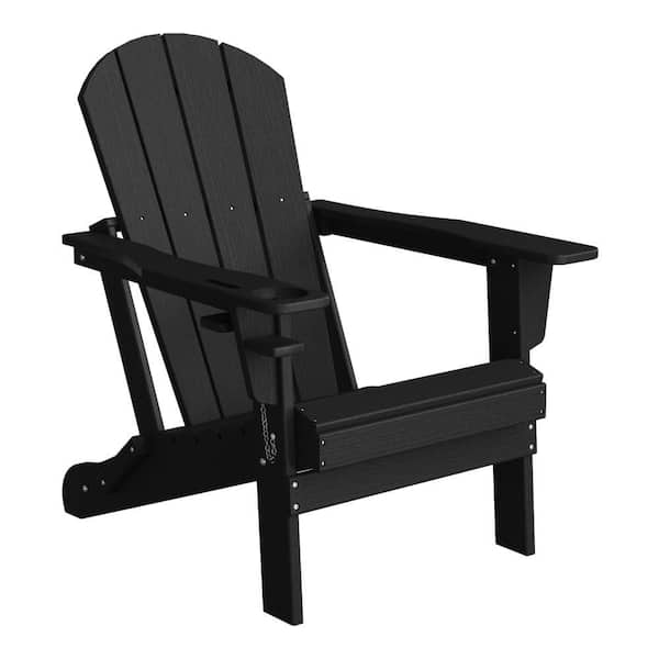 Alvaro Outdoor Patio Weather Proof HDPE Plastic Folding Adirondack Chair with Cup Holder, Black