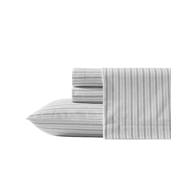 Ticking Stripe 4-Piece Dark Grey/Light Grey Flannel Cotton King Sheet Set