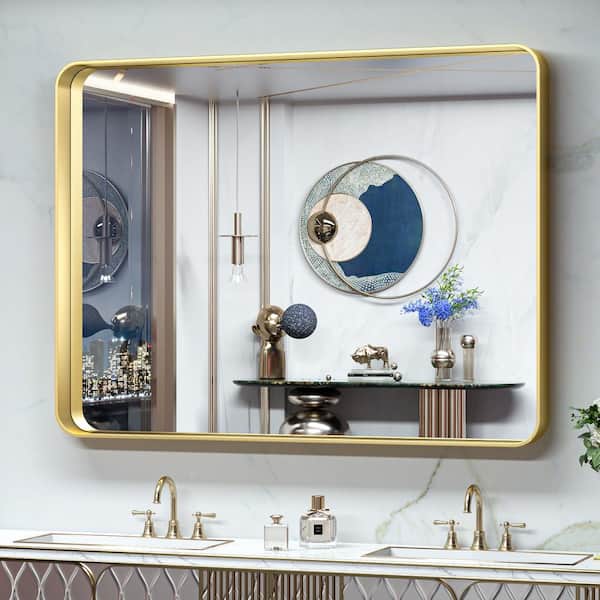 TETOTE 48 in. W x 36 in. H Rectangular Aluminum Framed Wall Mount Bathroom Vanity Mirror in Gold