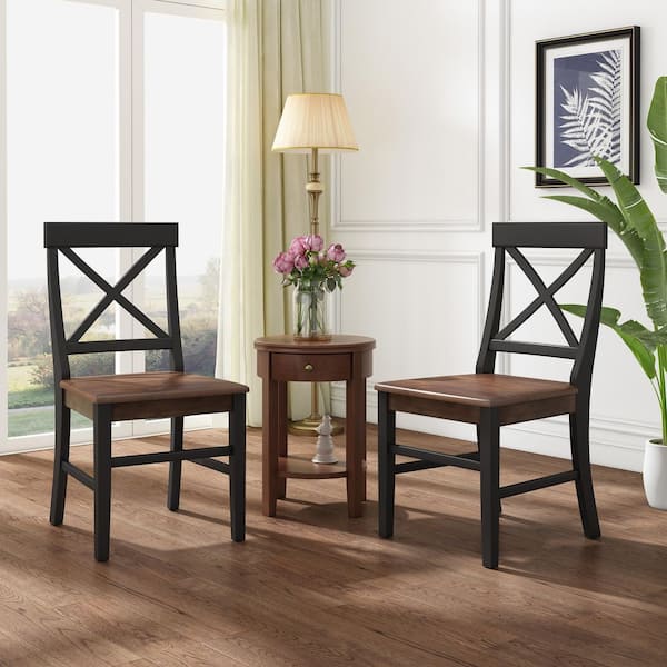 Farmhouse Walnut Acacia Wood Dining Chairs Set of 2 Rustic X Back Solid Wood Dining Room Chairs