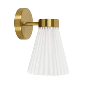 Amore 6 in. 1 Lights Pleated Wall Sconce in Brass with White Linen Shade