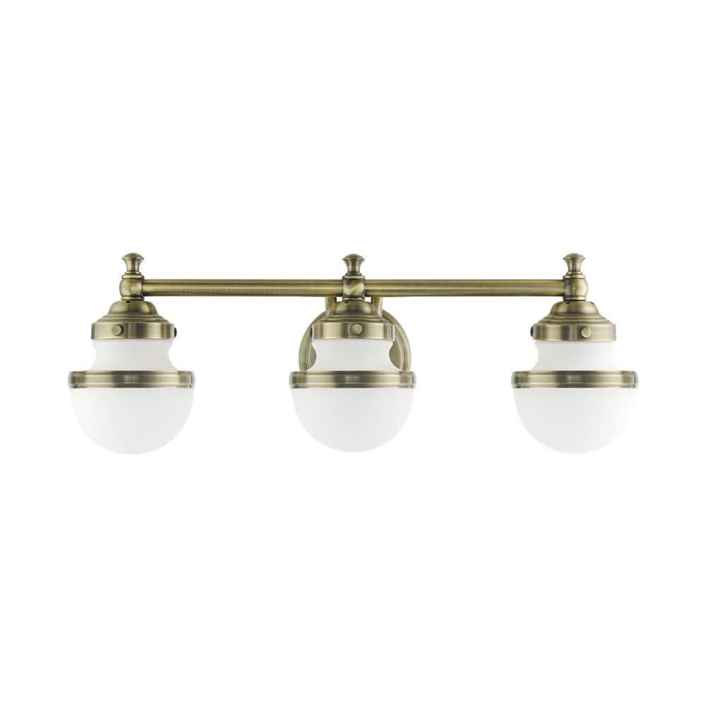 Antique Brass 3-Light Vanity with Hand Blown Satin Opal White Glass