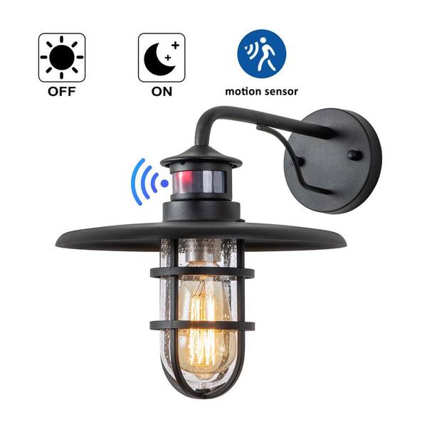 C Cattleya 1-Light Matte Black Motion Sensing Dusk to Dawn Outdoor Barn Light Sconce with Clear Seeded Glass