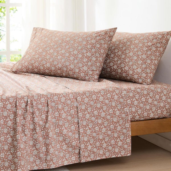 Lush Decor Zara Floral Block Cotton 4-Piece Set Terracotta Cottage