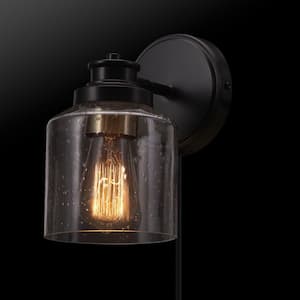 1-Light Matte Black Plug-In or Hardwire Wall Sconce with Seeded Glass Shade, In-Line On/Off Rocker Switch, 6 ft. Cord