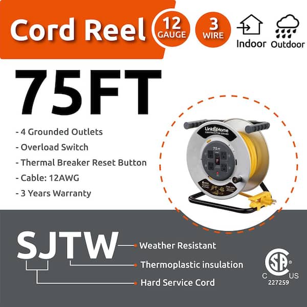  Link2Home Contractor Grade Metal Cord Reel 75 ft. Extension Cord  4 Power Outlets – 12 AWG SJTW Cable. Heavy Duty High Visibility Power Cord