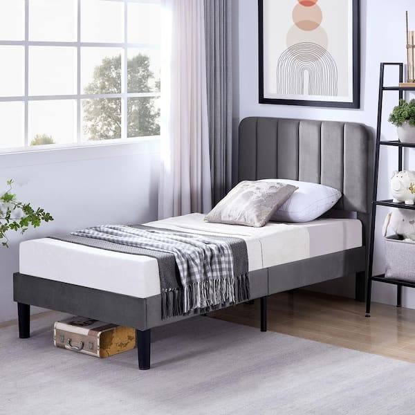 VECELO Upholstered Bed Frame Gray Metal Frame Twin Platform Bed With ...