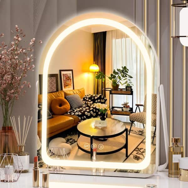 Vosuja White 11 in. W x 14 in. H Arched LED Makeup Mirror Table Dresser Mirror with 3 Modes Lights, 360°Rotation