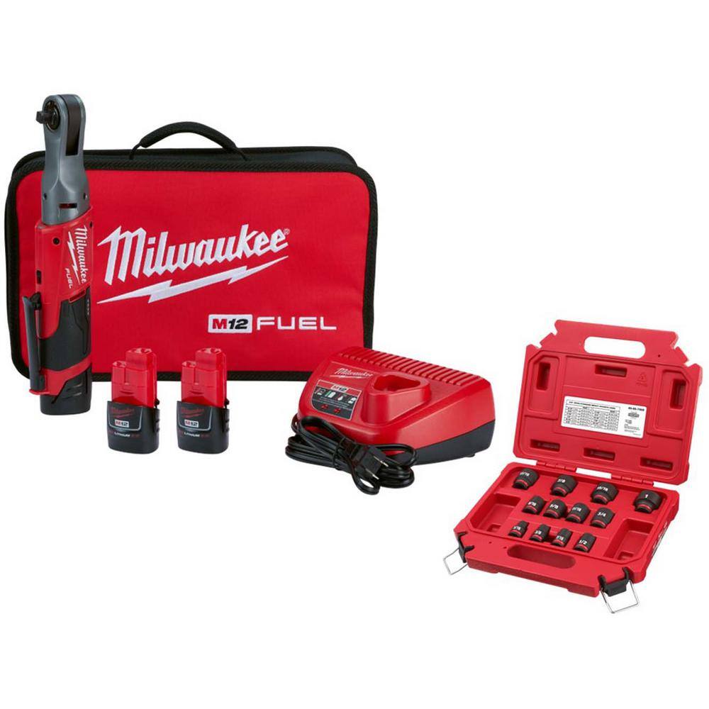 M12 FUEL 12V Lithium-Ion Brushless 3/8 in. Cordless Ratchet Kit with (2) 2.0Ah Batteries, Charger, Bag, & SAE Socket Set price history on PriceWatchPro