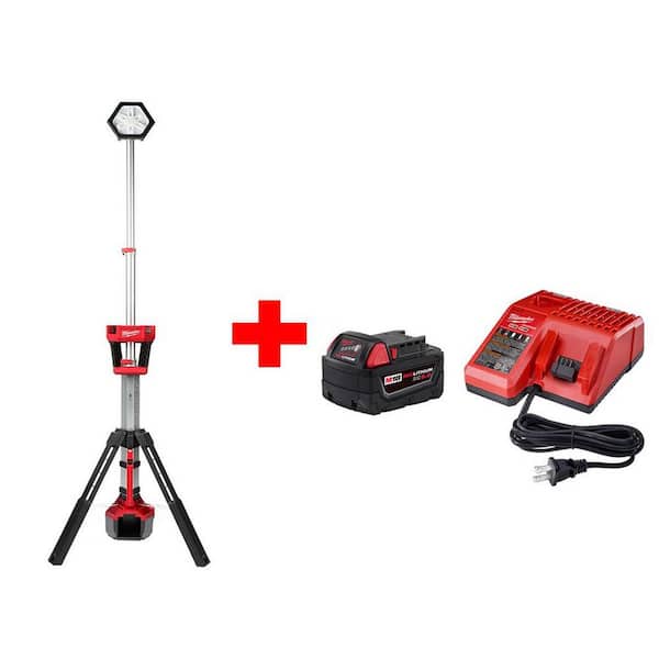 Milwaukee M18 18-Volt Lithium-Ion Cordless Rocket Dual Power Tower Light with M18 5.0Ah Battery and Charger