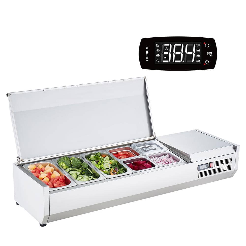 Refrigerated Condiment Prep Station 140 W Countertop Unit 3 1/3 Pans and 4 1/6 Pans, 304 Stainless Steel Body and PC Lid