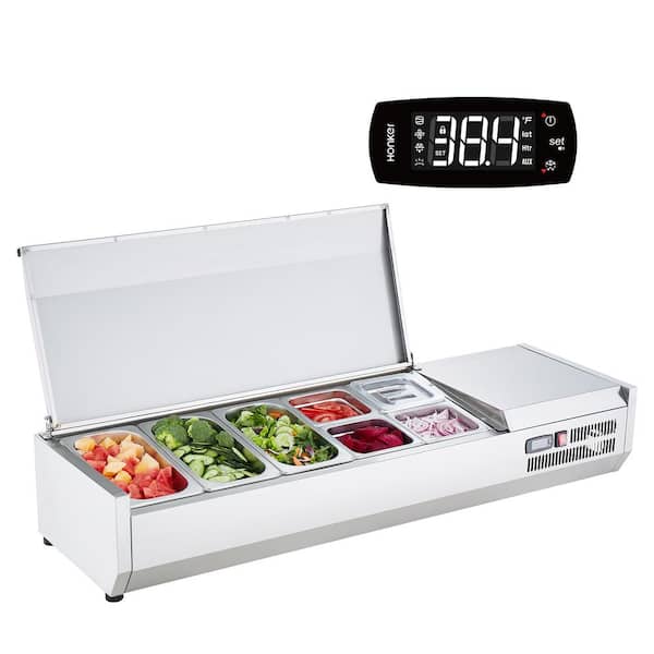 Refrigerated Condiment Prep Station 140 W Countertop Unit 3 1/3 Pans and 4 1/6 Pans, 304 Stainless Steel Body and PC Lid
