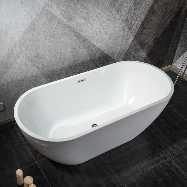 Tileon 63 in. Acrylic Alcove Flatbottom Soaking Bathtub in White with Brass Drain and Stainless Overflow
