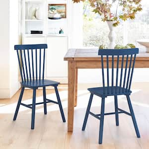 18 in. Dark Blue Classic Windsor Dining Chair, Solid Wood High Spindle Back Kitchen Chair Set of 2