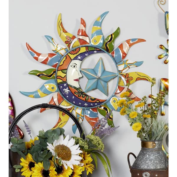 Litton Lane 25 in. x  25 in. Metal Multi Colored Indoor Outdoor Sun and Moon Wall Decor with Abstract Patterns