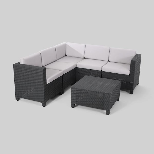 Noble House Waverly Dark Grey 6-Piece Faux Wicker Outdoor Patio Sectional Seating Set with Gray Cushions