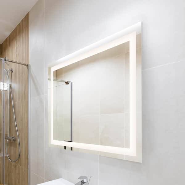 JONATHAN Y Remy 30 in. W x 36 in. H Large Rectangular Frameless Antifog Front-Lit Wall Bathroom Vanity Mirror with Smart Touch