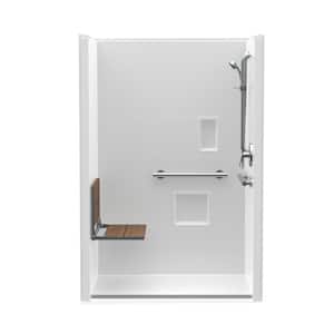 Trench Drain 48 in. x 36 in. x 76-3/4 in. 1-Piece Shower Stall Left Teak Seat with Grab Bars and Shower Valve in White