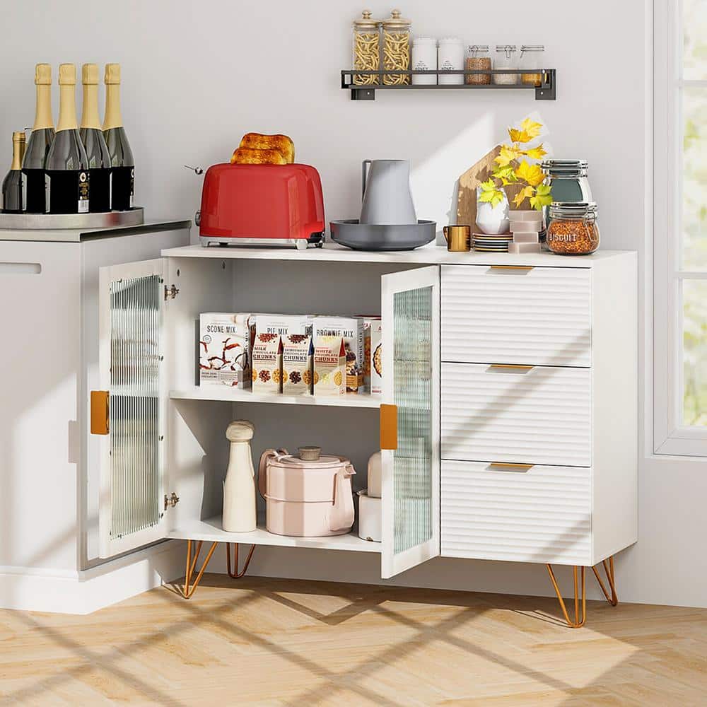 White Wood Top 42.5 in. Buffet Server Sideboard with 2-Tempered Glass Doors and 3-Drawers for Kitchen