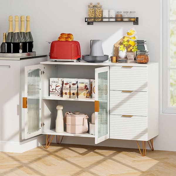 Gymax White Wood Top 42.5 in. Buffet Server Sideboard with 2-Tempered Glass Doors and 3-Drawers for Kitchen