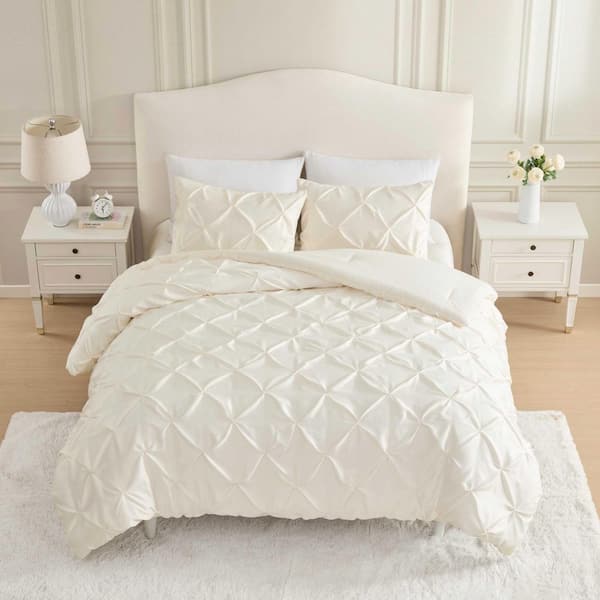 Laura Ashley Solid Pintuck 3-Piece Pale Ivory Satin Full/Queen